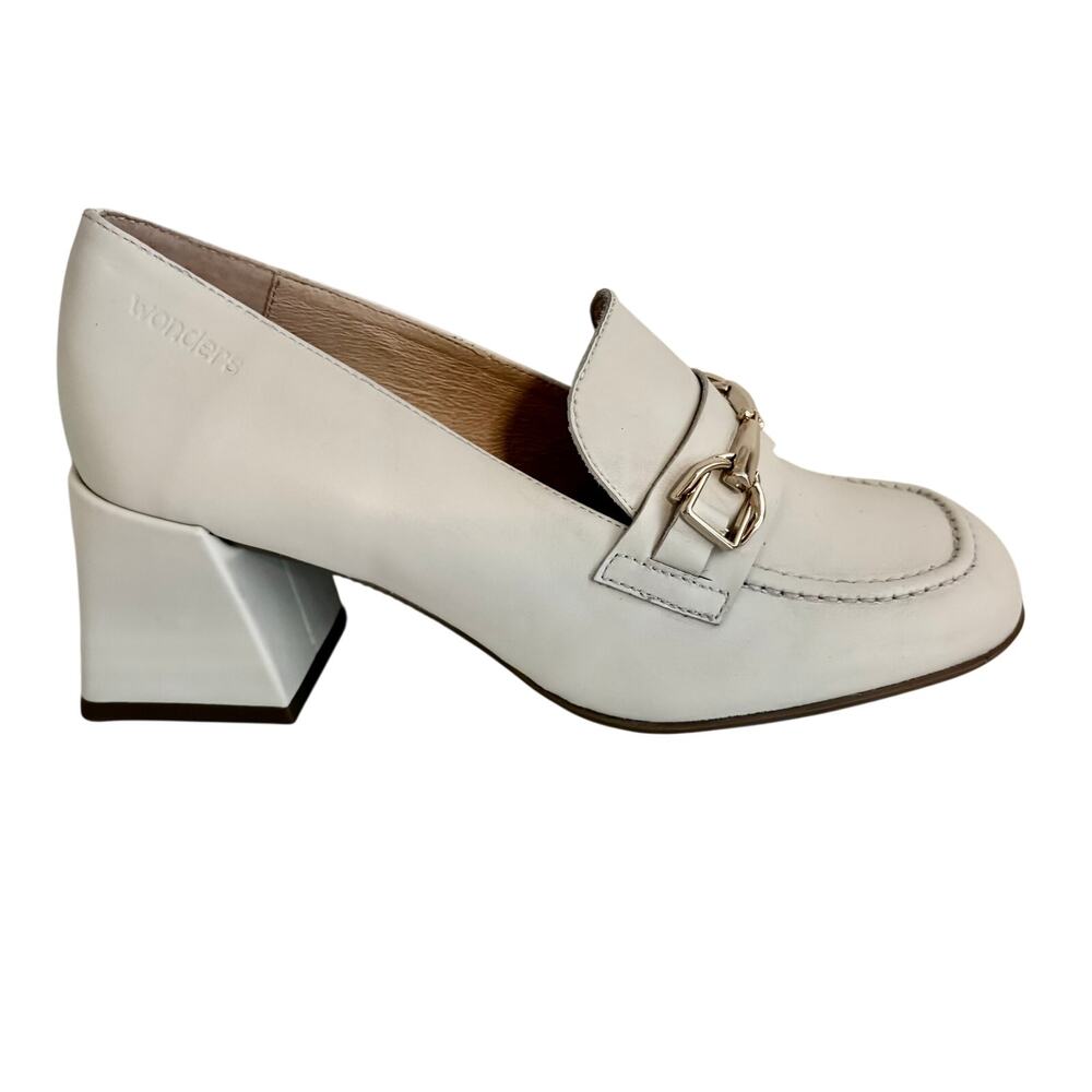 NWT Wonders Spain Cream Leather Block Heel Penny Loafers Slip On Minimalist